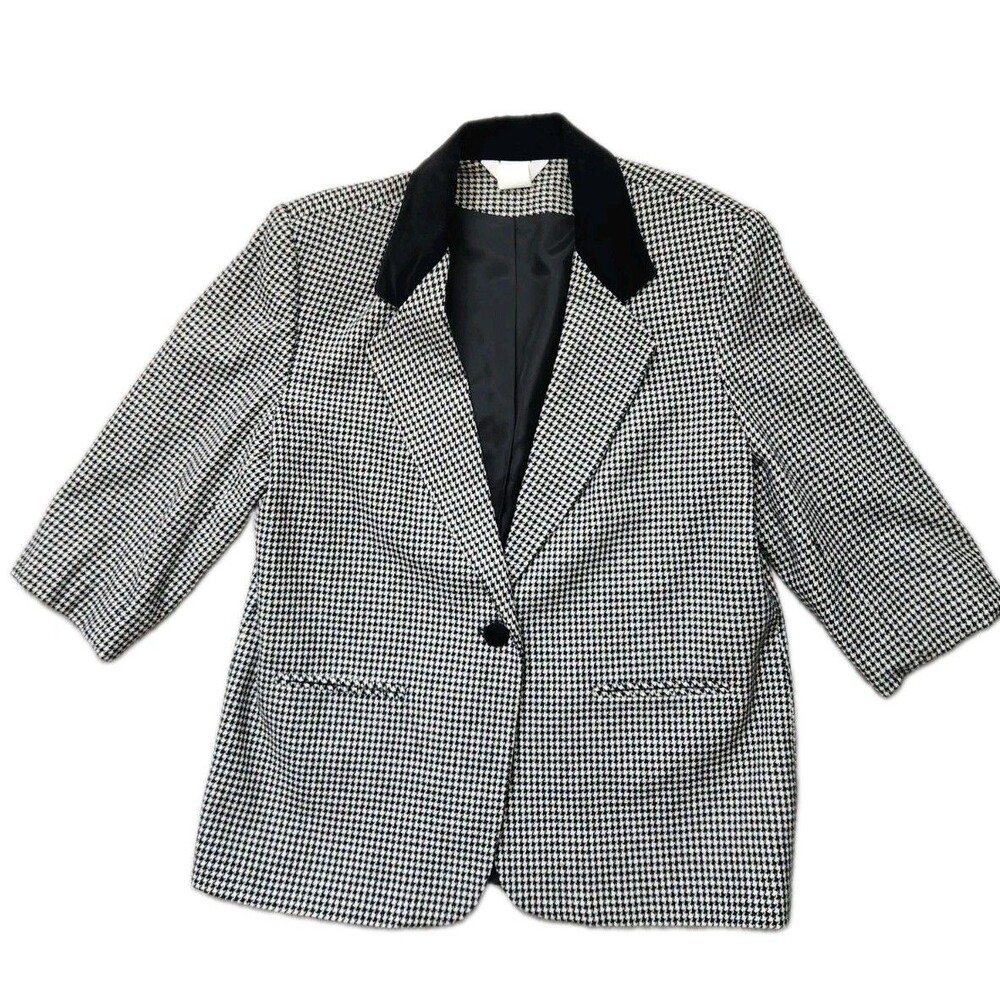 VTG Sellecca Houndstooth Tweed Blazer Velvet Trim 3/4 Sleeve 12P Black White EUC